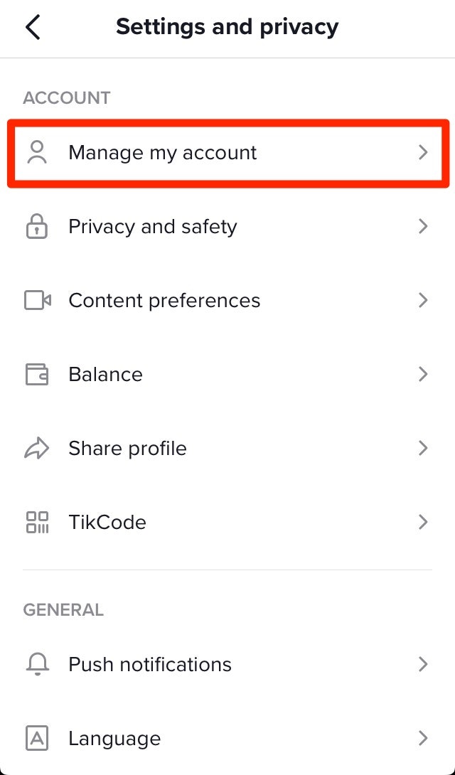 TikTok管理帐户菜单