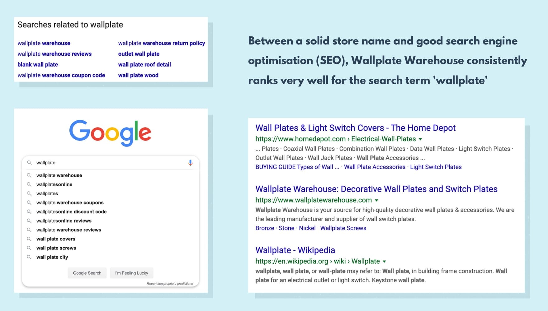 在SERPs内的Wallplate Warehouse的截图