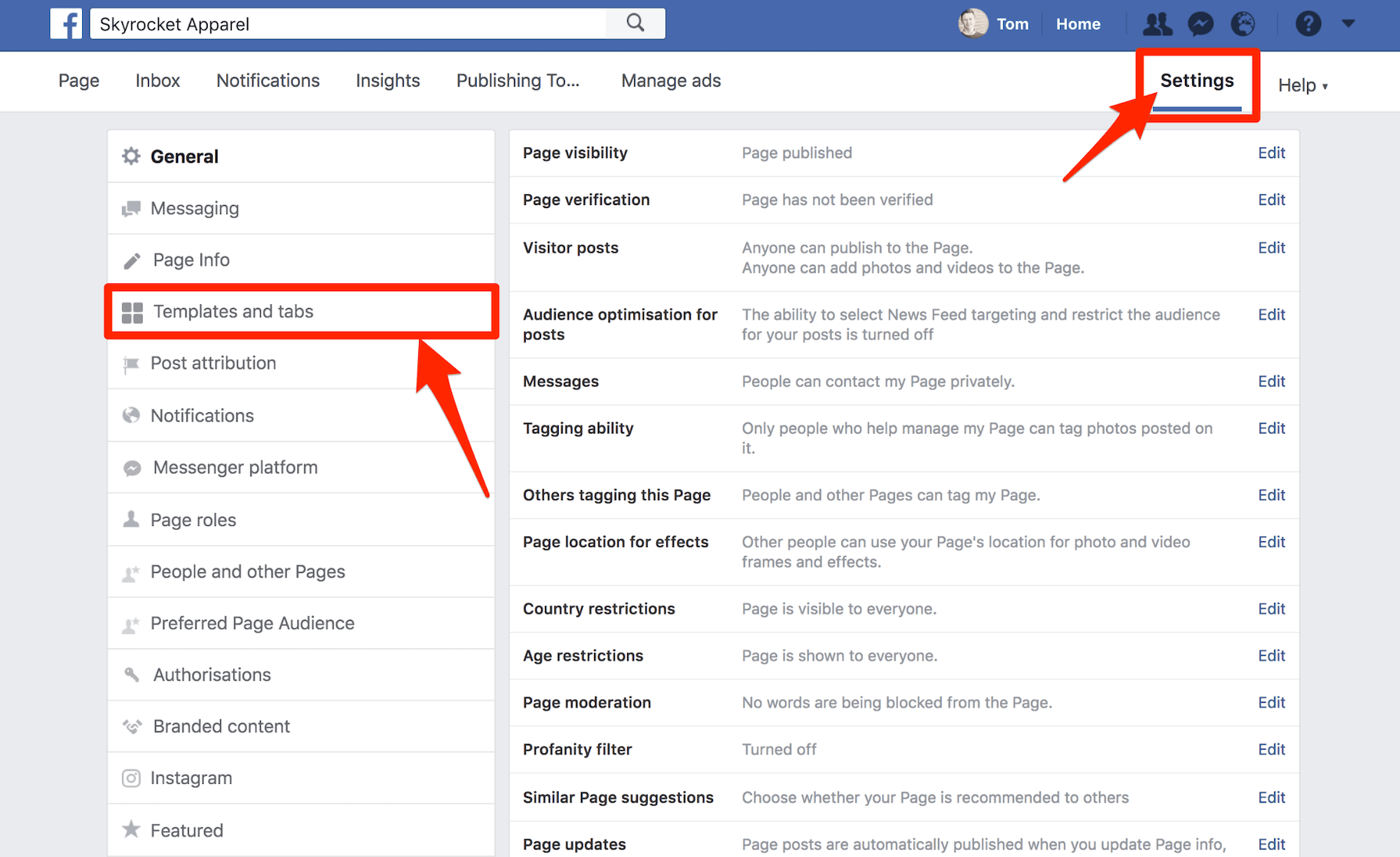 Facebook页面设置