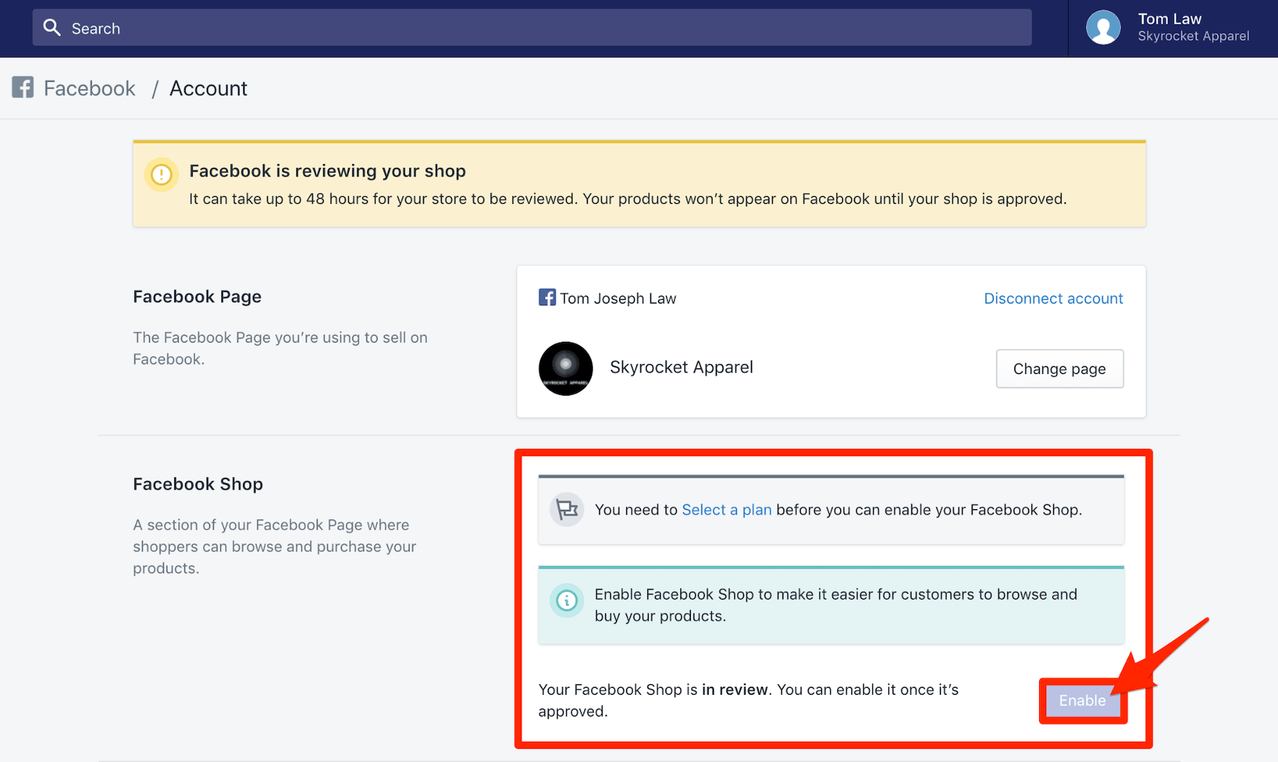 启用Facebook商店