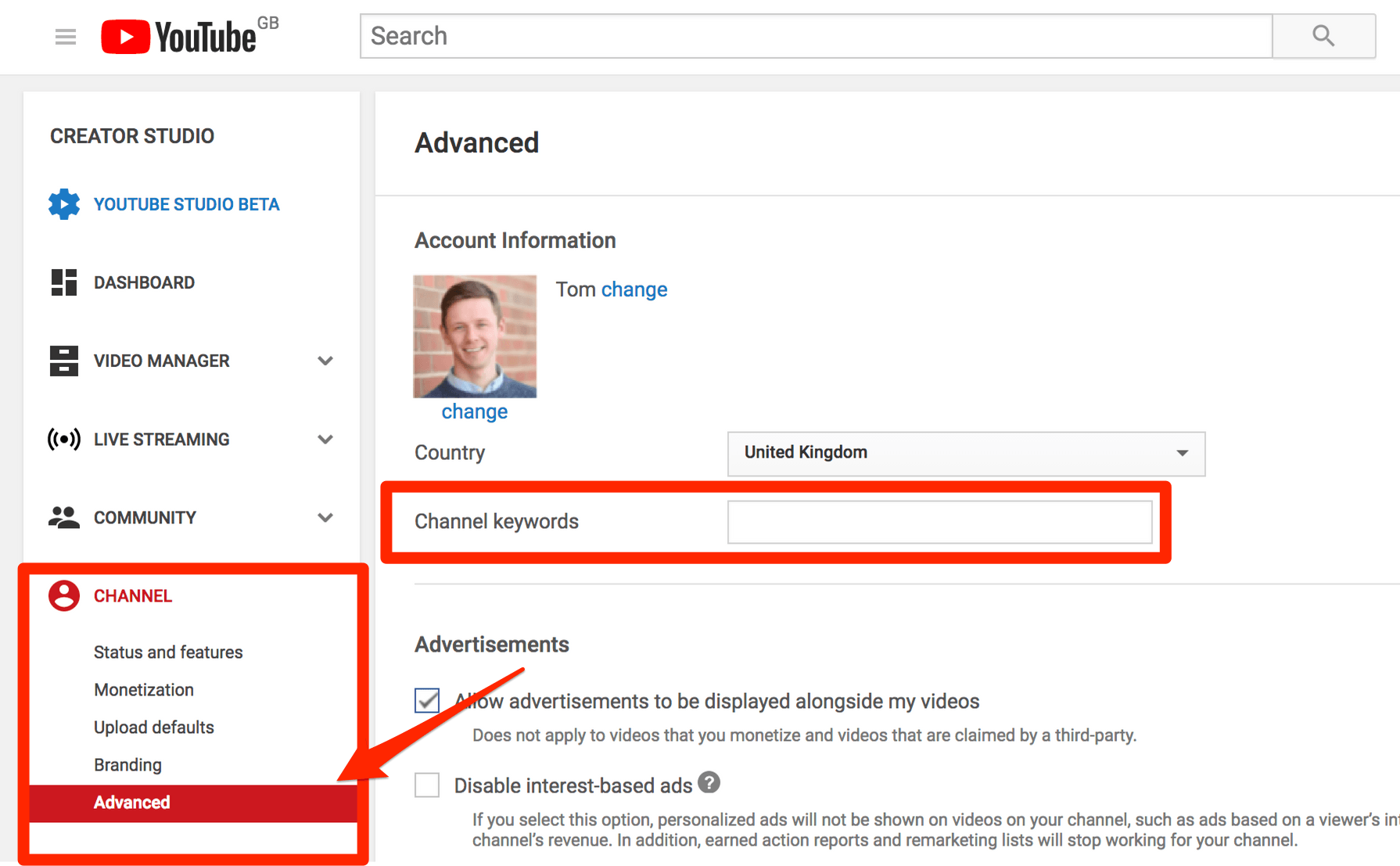 YouTube频道关键词