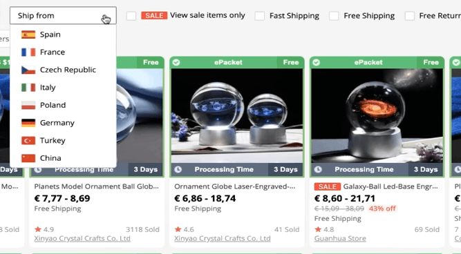 选择查看从特定国家发货的产品