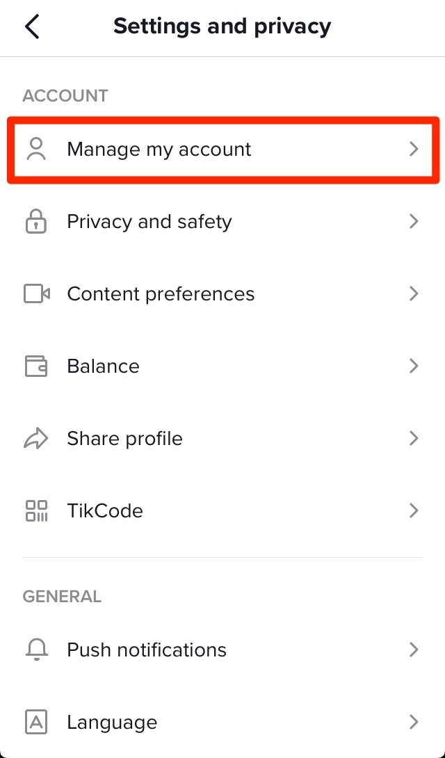 TikTok管理帐户菜单