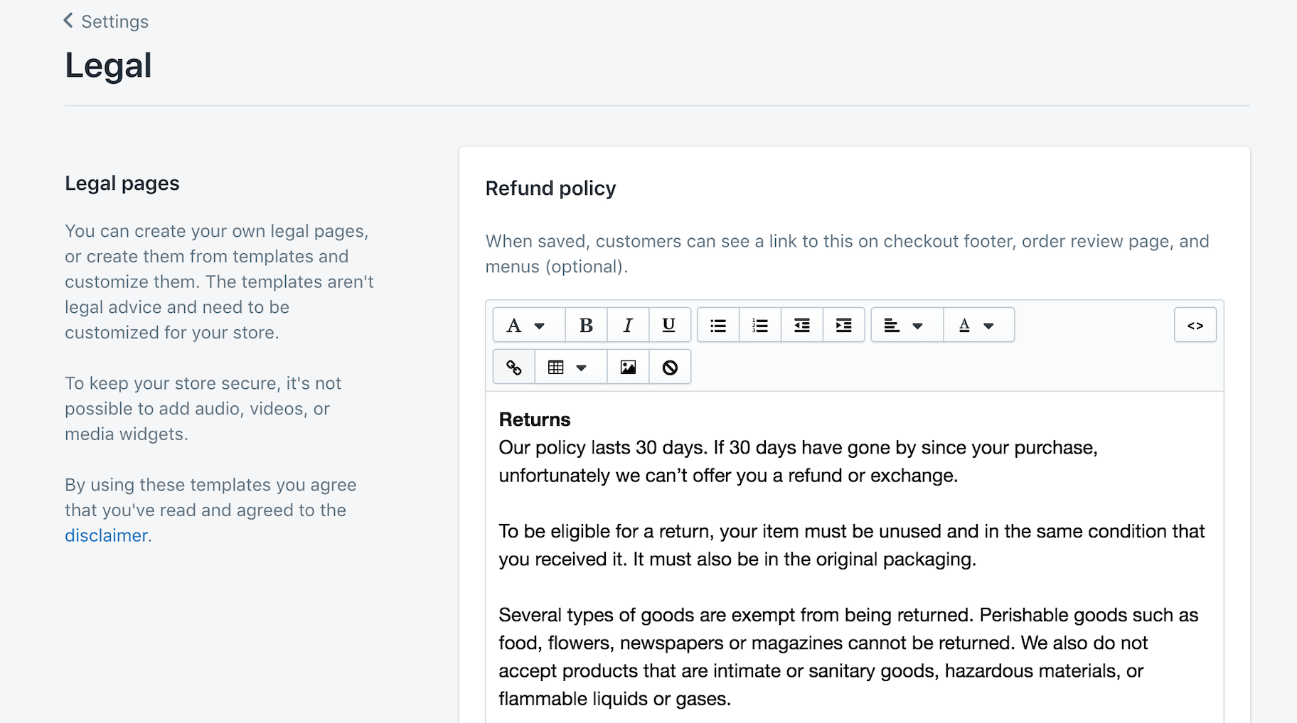 Shopify legal pages