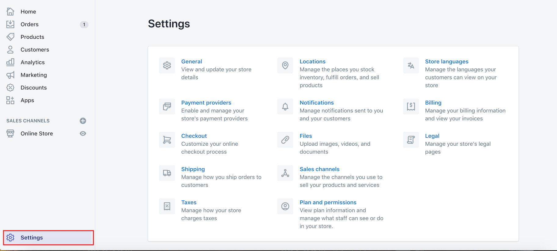 Shopify admin Settings