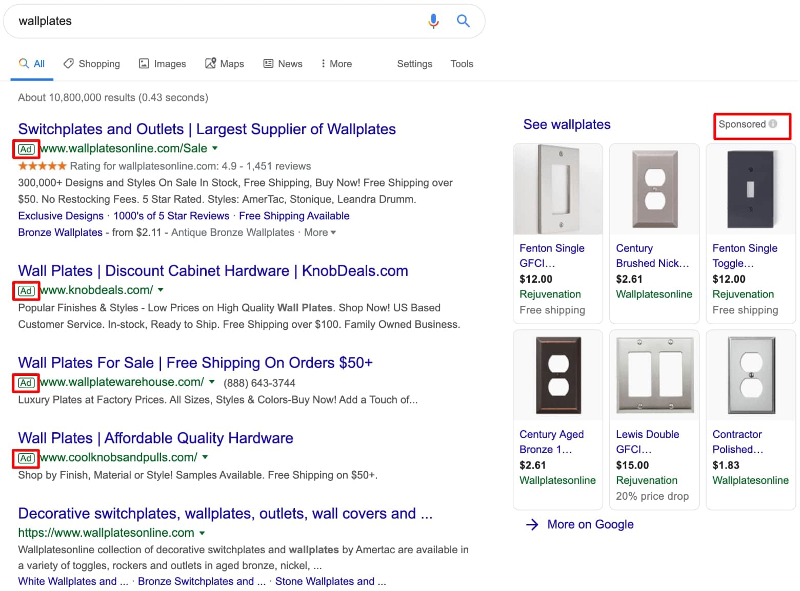Screenshot of the results page for wallplates