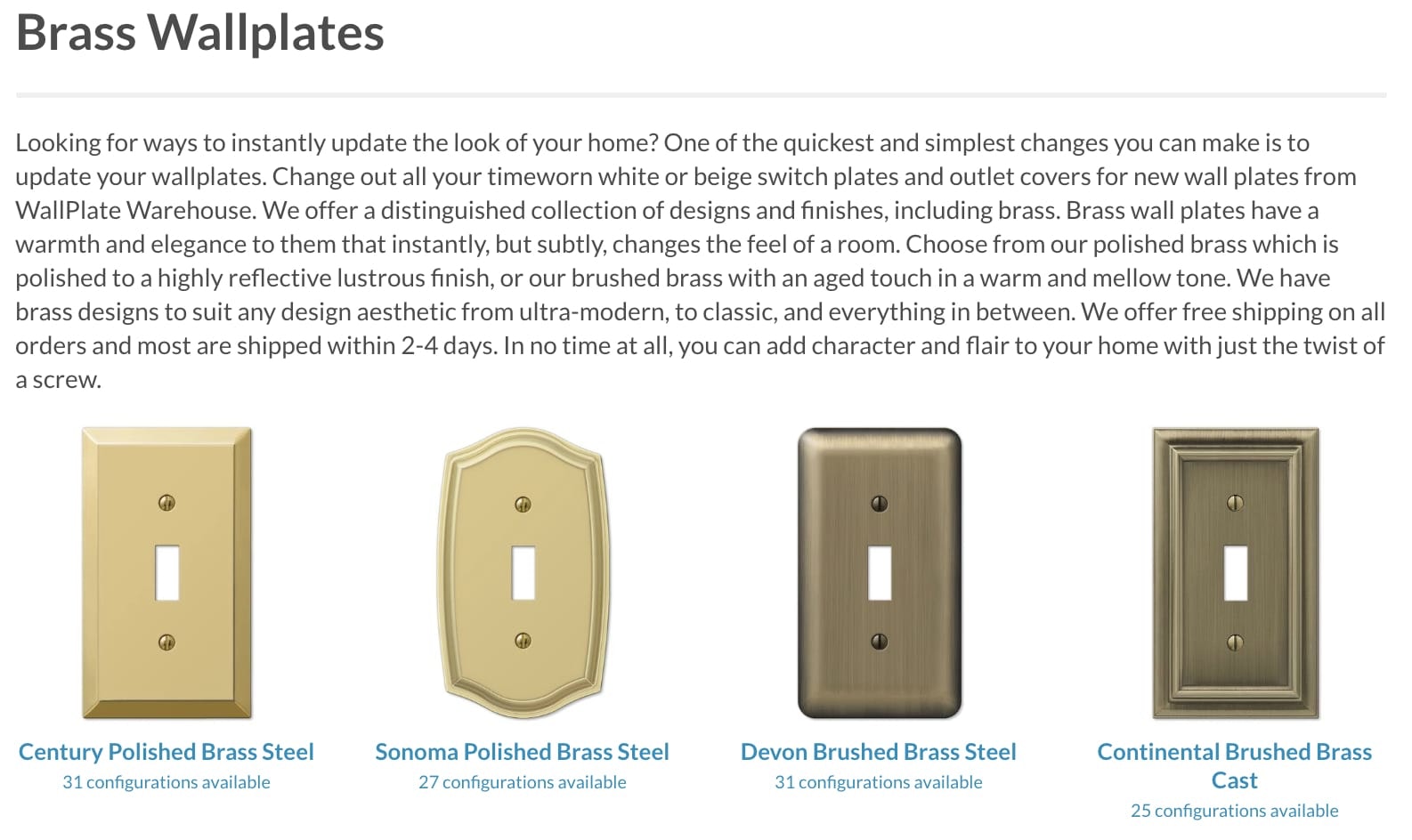 A screenshot of the Brass wallplate product page on Wallplate Warehouse