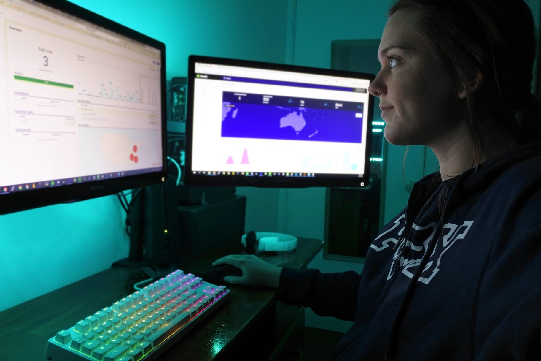 艾玛·里德(Emma Reid)坐在两台显示Shopify统计数据的显示器前