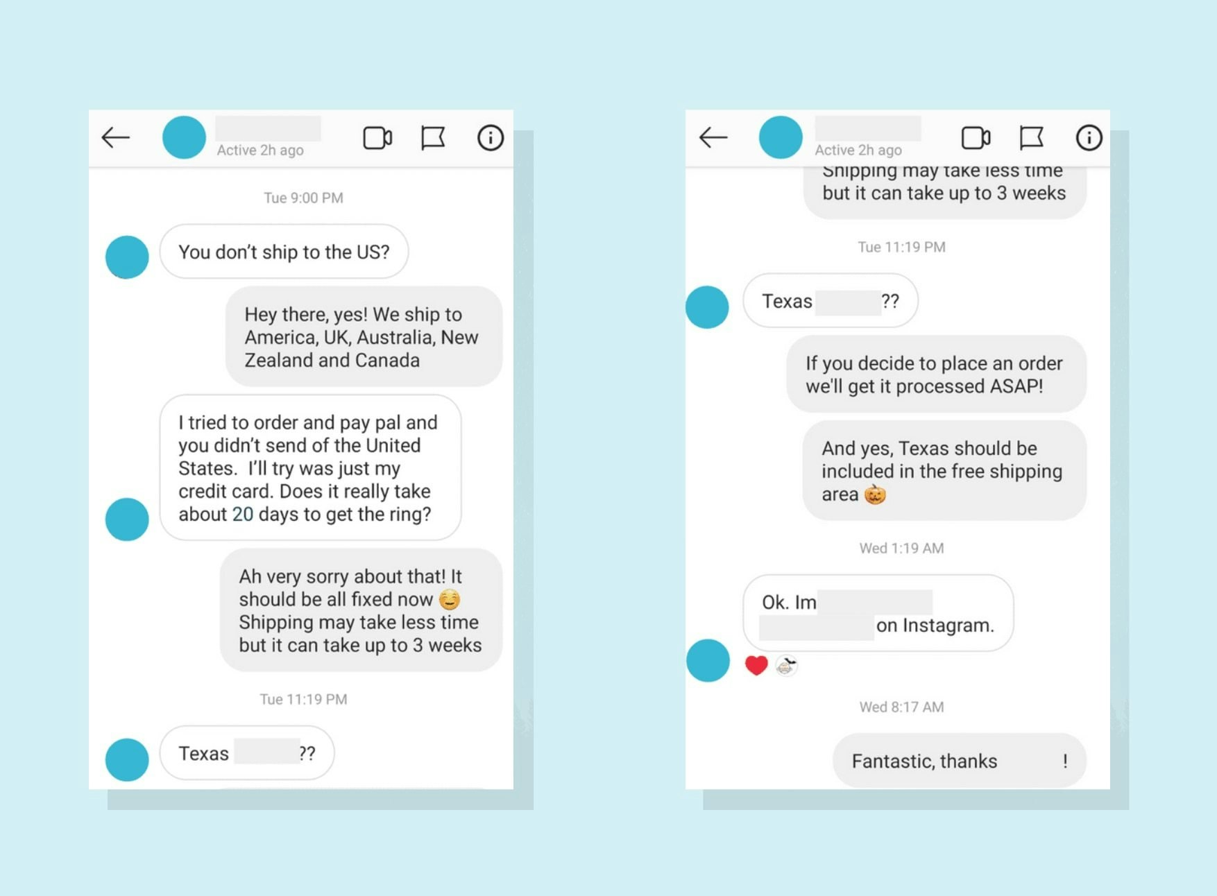 Screenshots of messages on Instagram