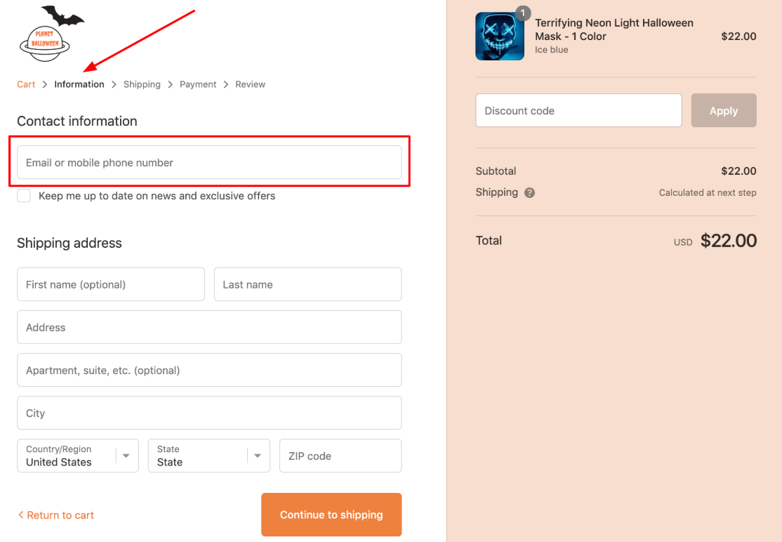 Screenshot of the Shopify checkout 'Information' section with the email box highlighted