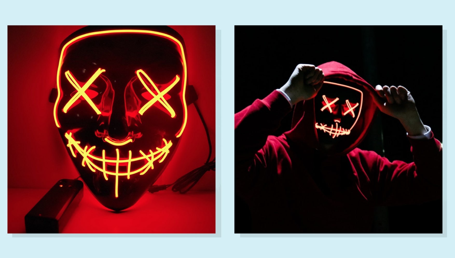 a side-by-side of a red light-up mask and someone wearing the same mask