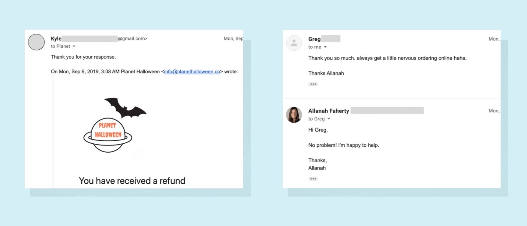 Screenshot of happy customer replies