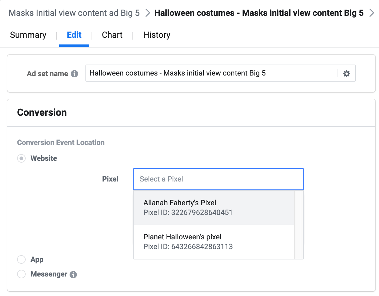 Screenshot of FB ad set choosing between two different pixels