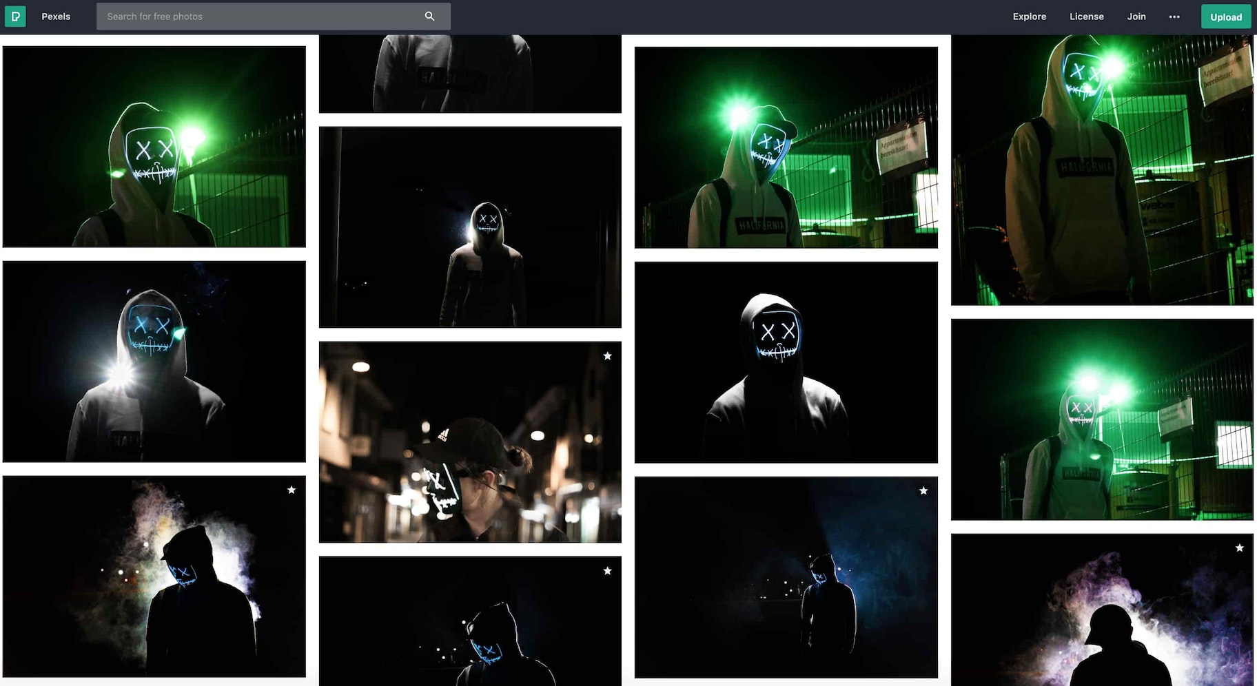 Screenshot showing many different pictures of the light-up mask on a stock image website