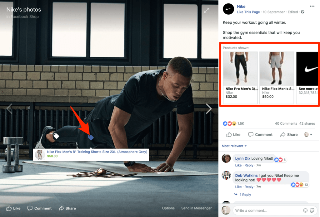 截图of Nike Facebook shop example