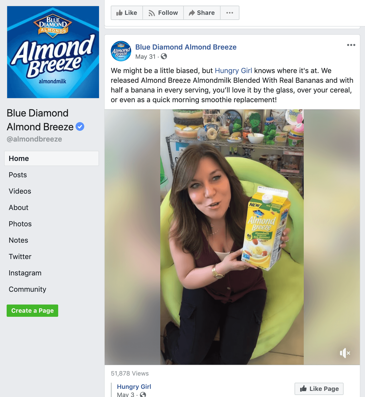 截图of Almond Breeze Facebook page