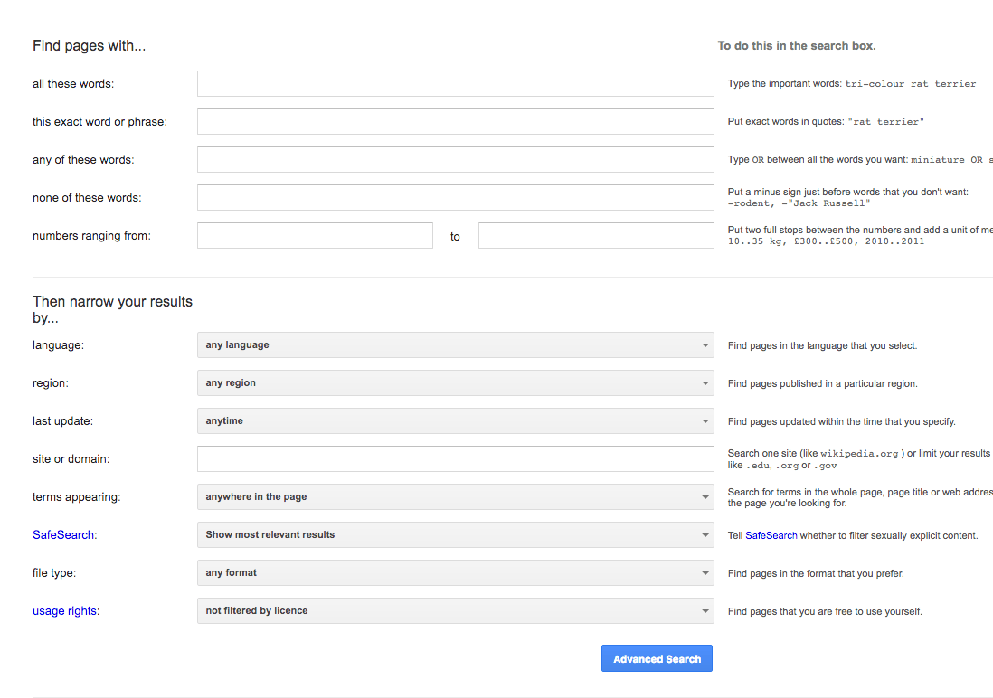 谷歌高级搜索页面