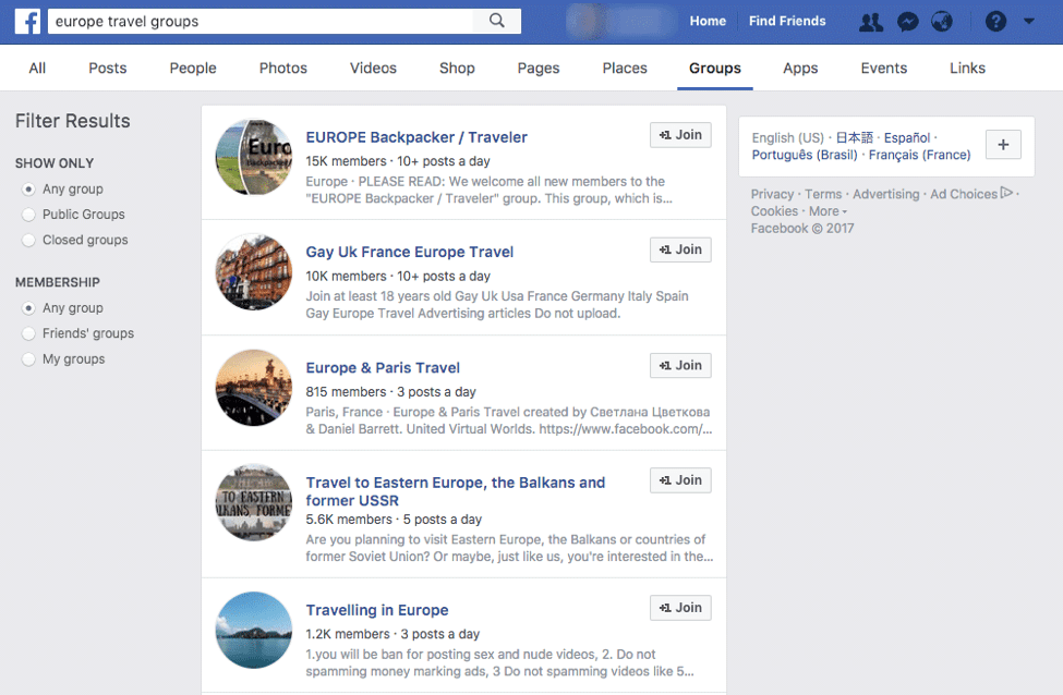 发现Facebook群组
