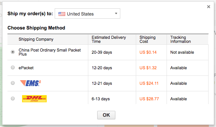 运输选项交付到美国