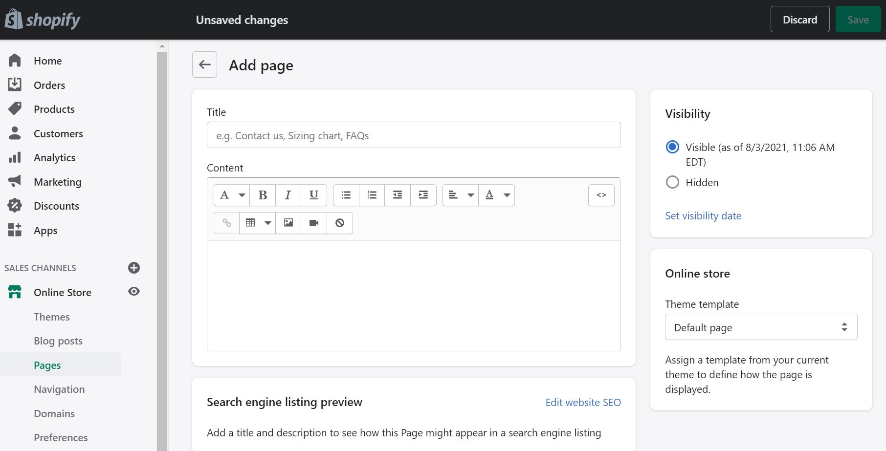 在Shopify添加页面