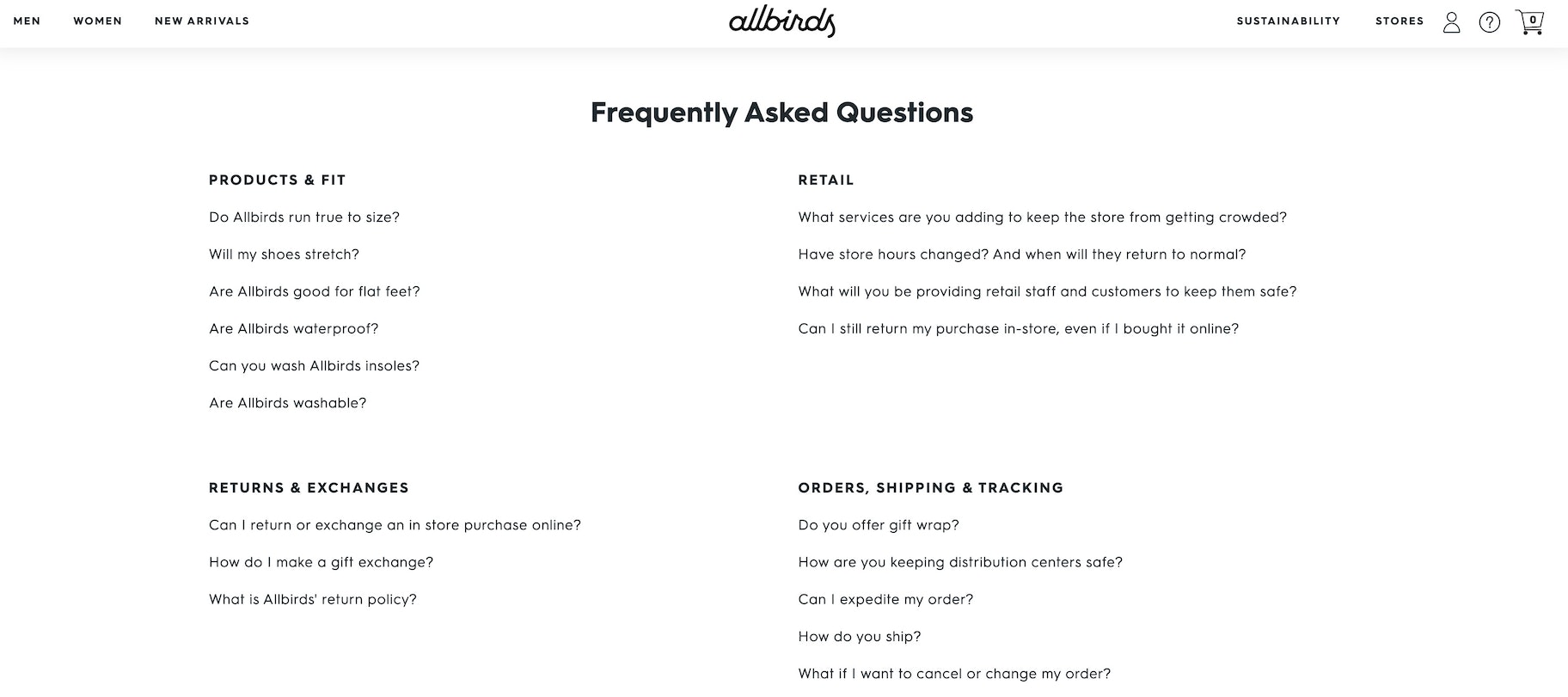 allbirds常见问题解答页面