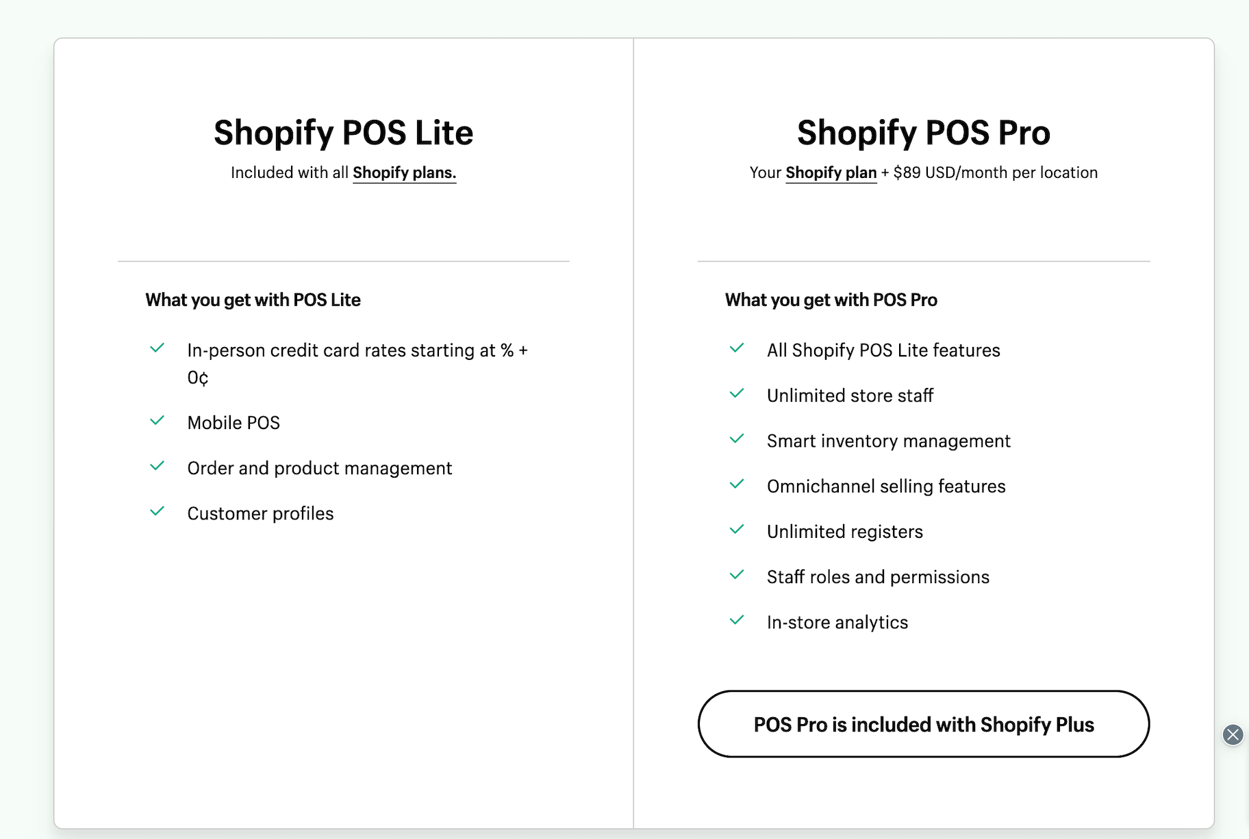 Shopify POSlite vs. POS Pro pricing