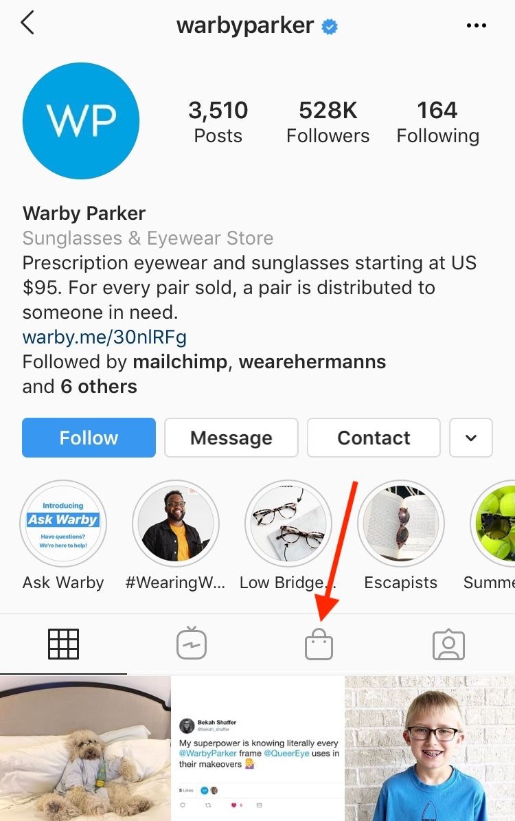 instagram上Warby Parker商店标签的截图