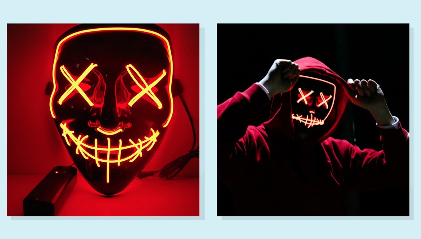 一个并排的红色发光面具和一个戴着同样面具的人