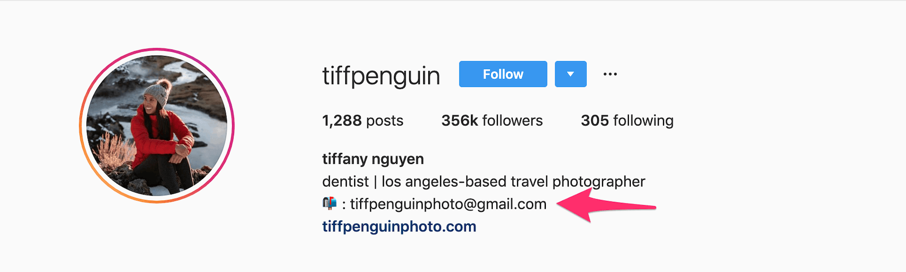 截图的instagram个人资料与联系电子邮件