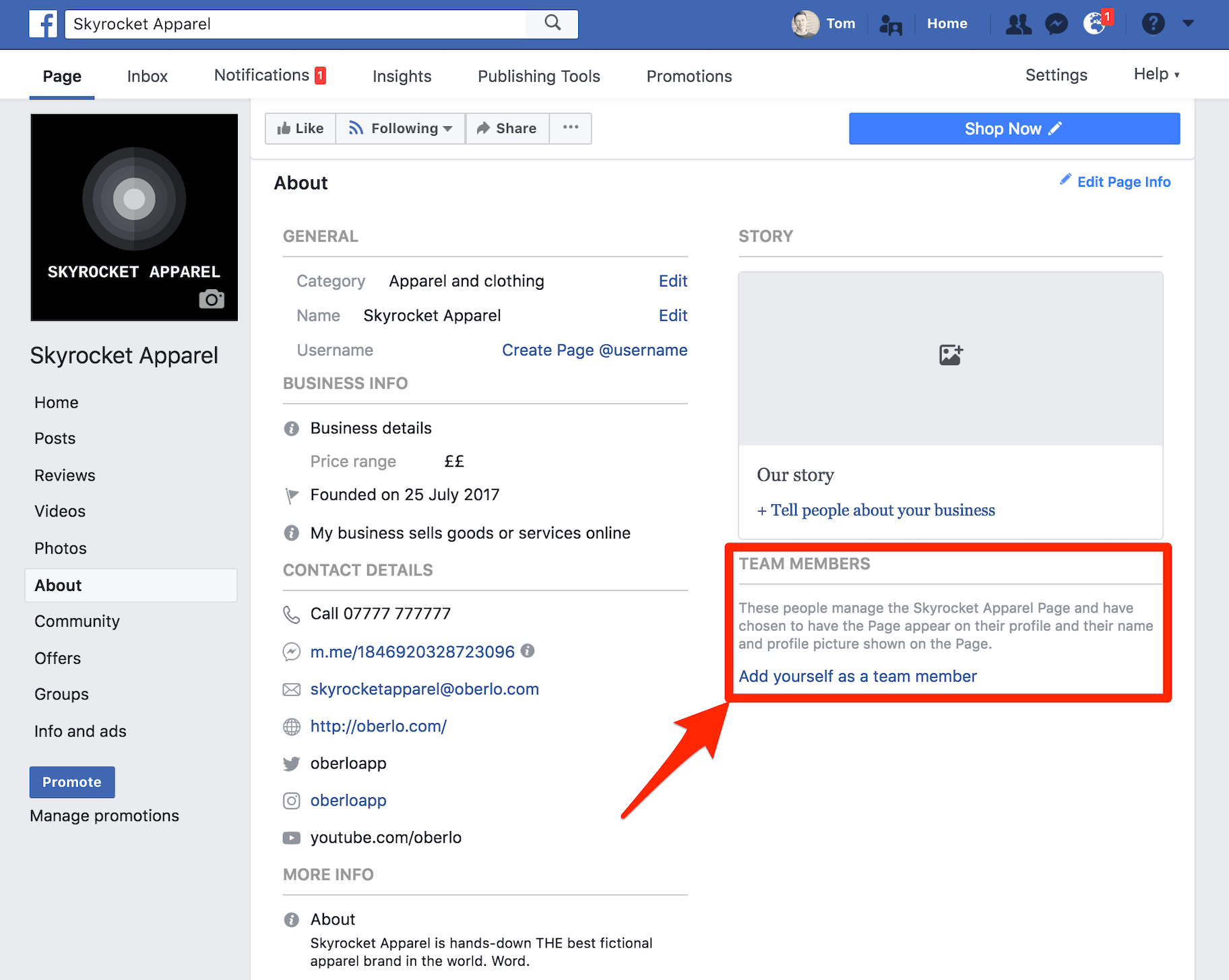 Facebook商业页面团队成员