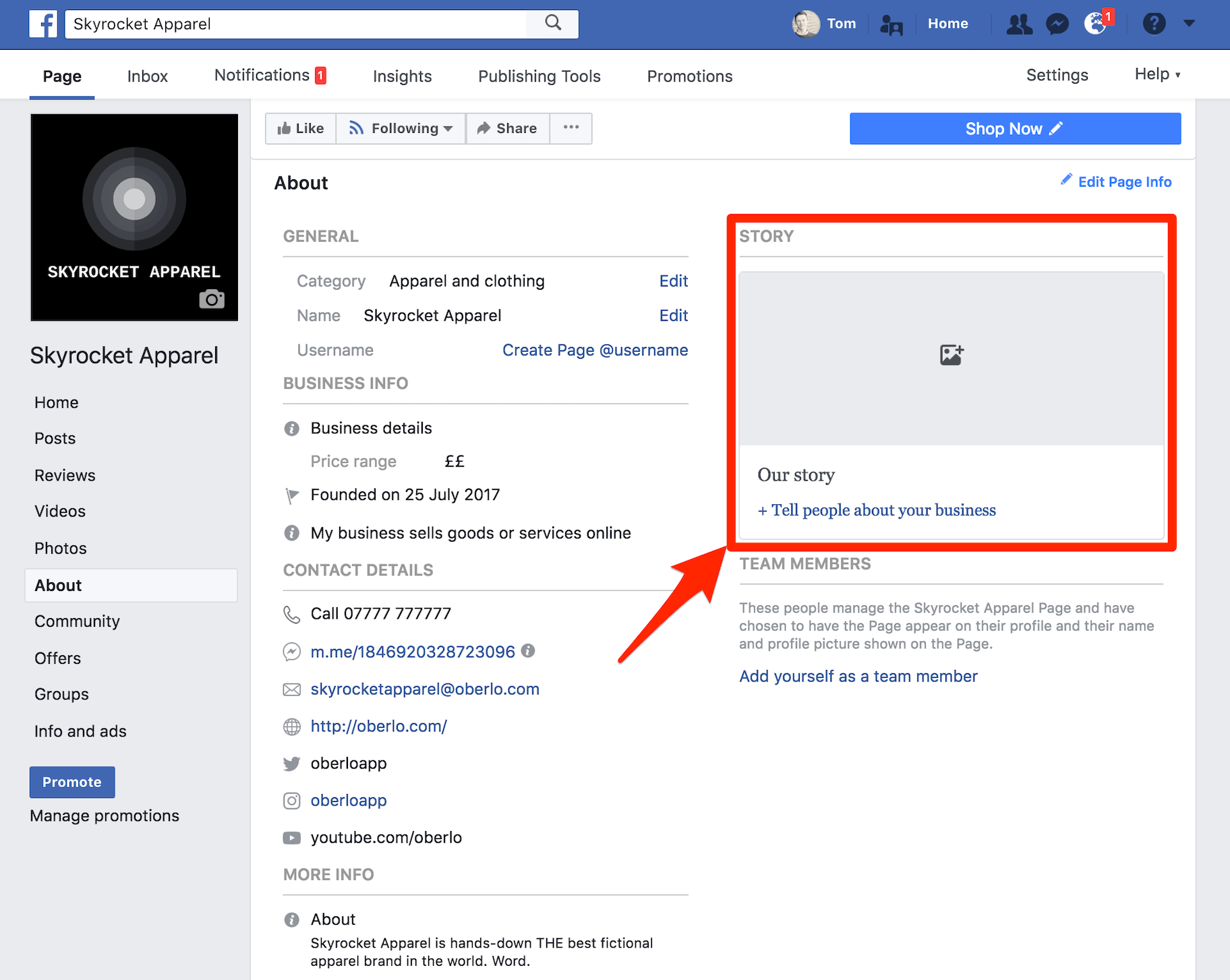Facebook商业页面故事