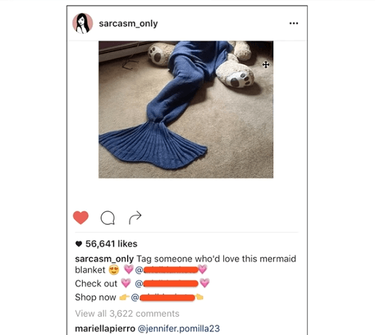 梅尔文在Instagram上为美人鱼尾巴毯做的广告，这是他的产品推荐之一
