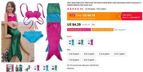 这款儿童美人鱼泳衣是2020年销售的利基产品