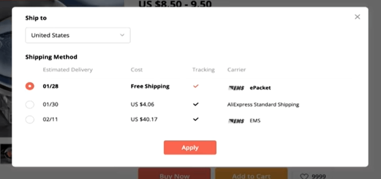 Selecting shipping methods in AliExpress