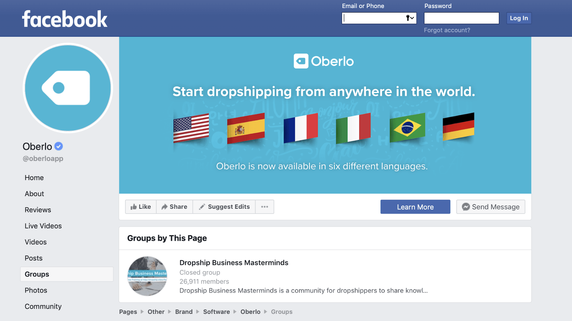 Oberlo Facebook页面截图