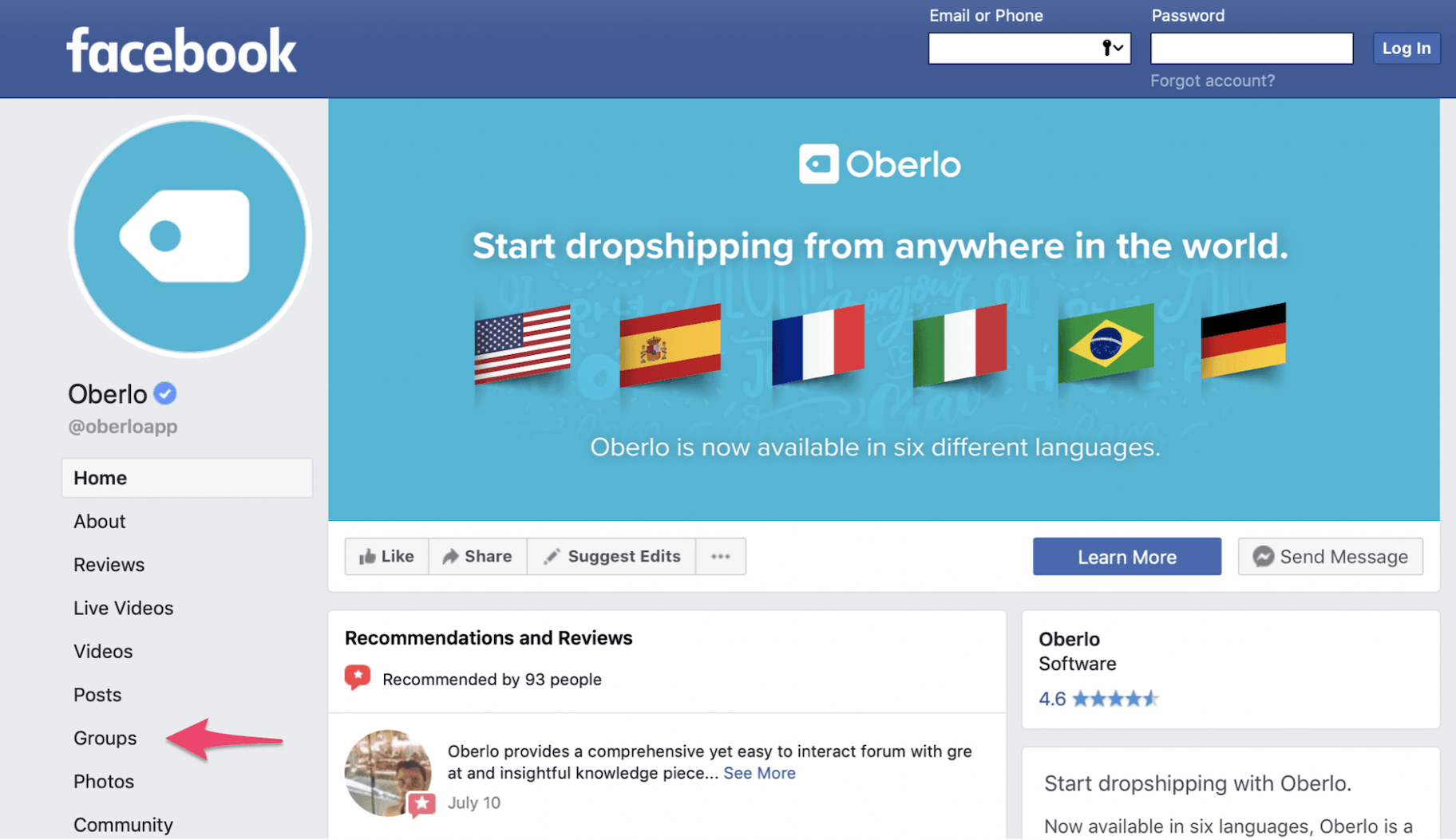 Oberlo Facebook页面截图