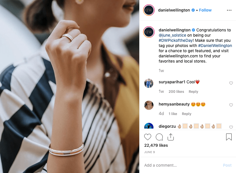 腕表品牌丹尼尔惠灵顿的Instagram截图，其中有一个微网红