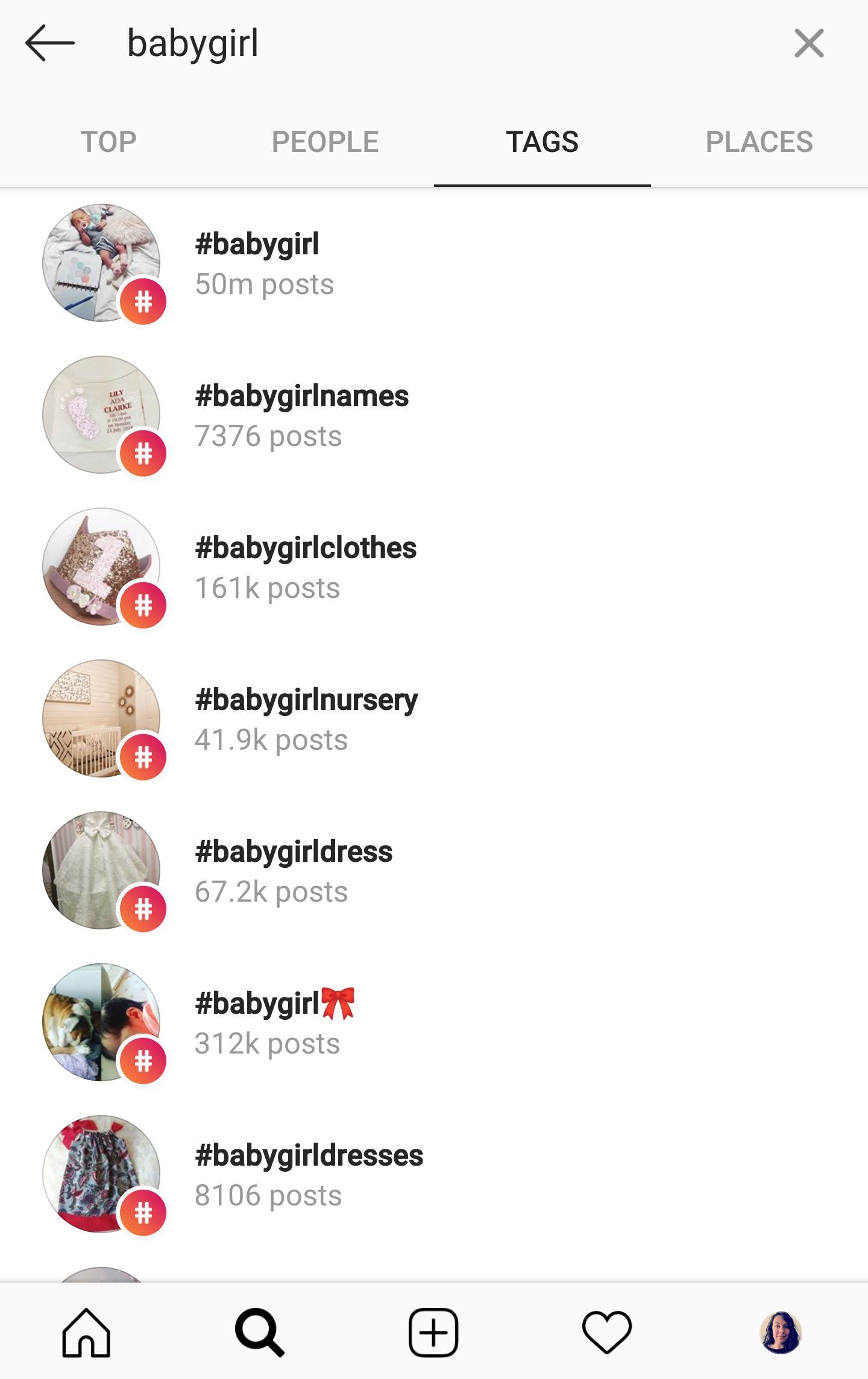 Instagram上的搜索标签是女婴