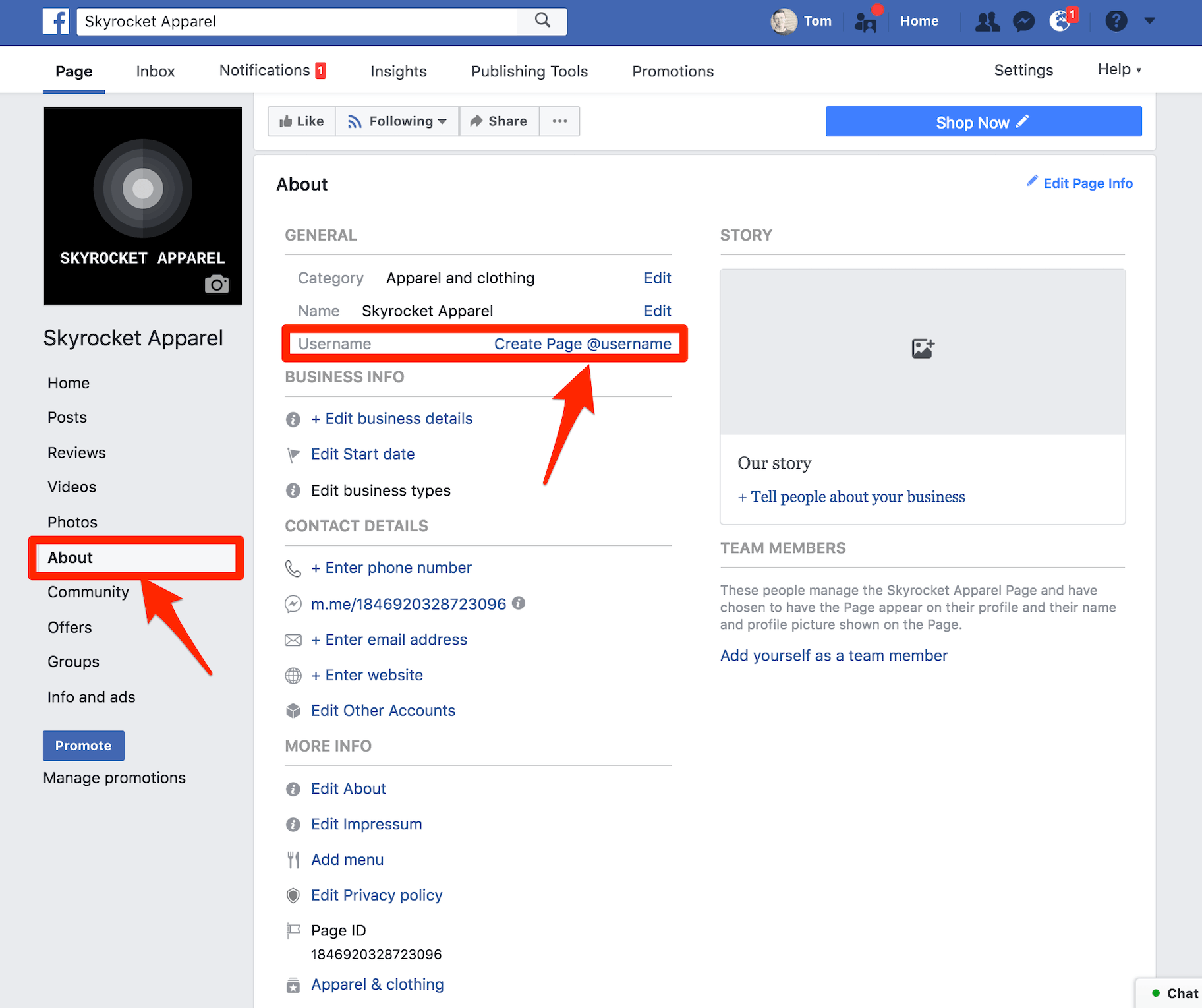 Facebook商业页面用户名