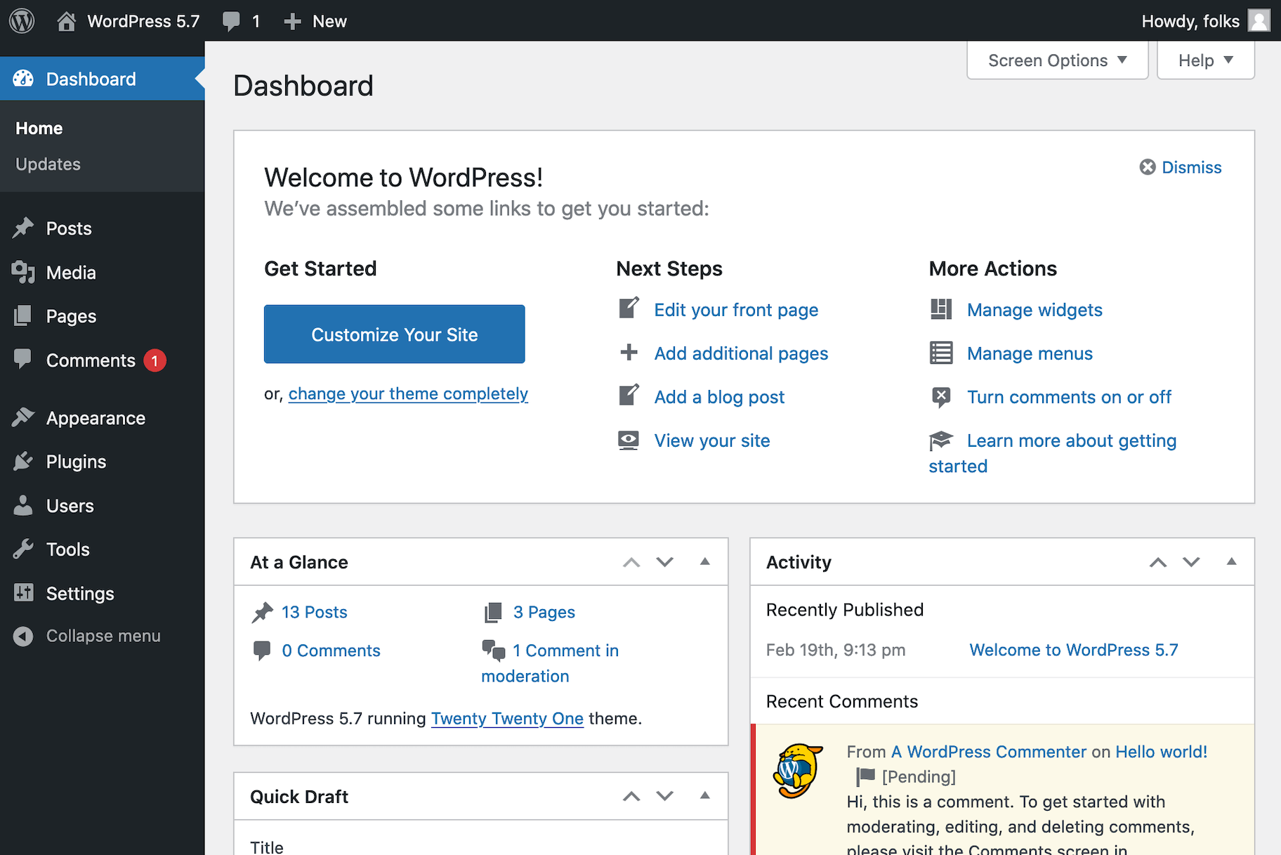 WordPress仪表板