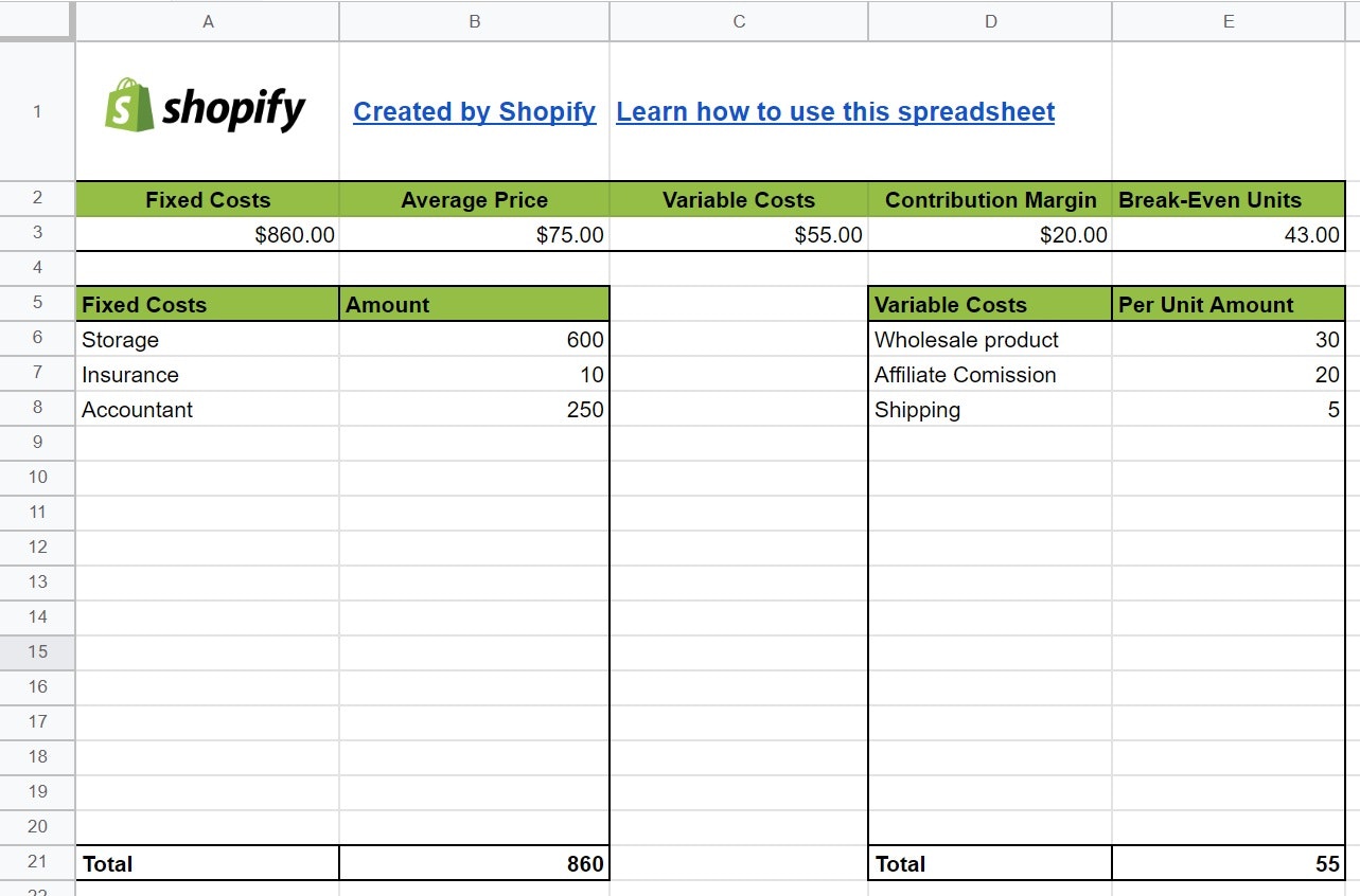 Shopify盈亏平衡点电子表格